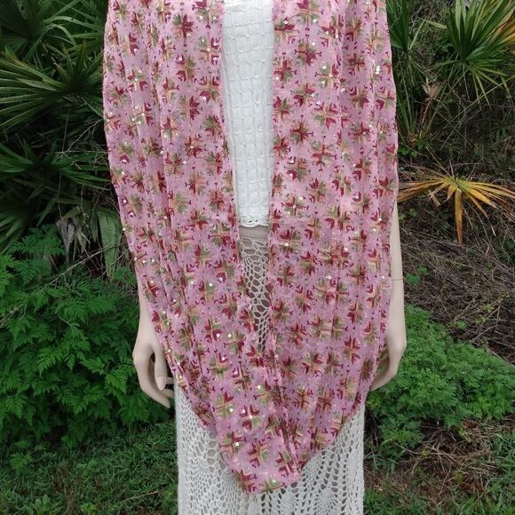 NWOT RAJ Pink & Multicolored Embroidered Stars Sequins Silk India Scarf/Wrap - Picture 9 of 11
